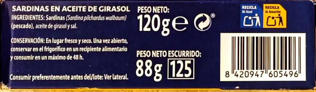 Sardinas en aceite de girasol Ayala 120g lado 1.webp
