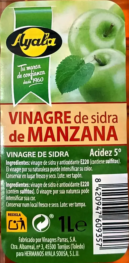 Vinagre de sidra de manzana Ayala 1L etiqueta.webp