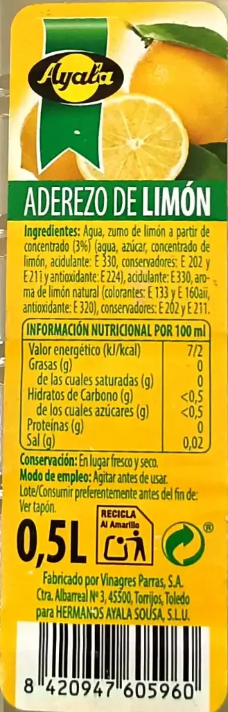 Aderezo de limón Ayala 0,5L etiqueta.webp