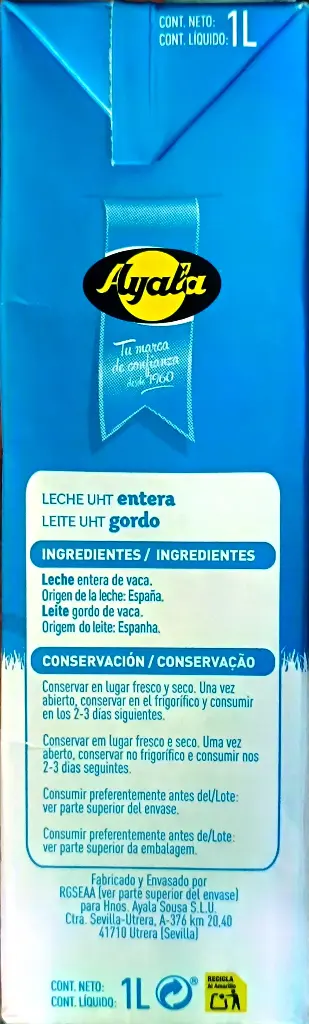 Leche entera Ayala 1L lado 1.webp