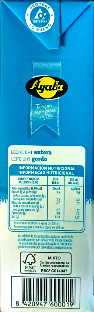Leche entera Ayala 1L lado 2.webp