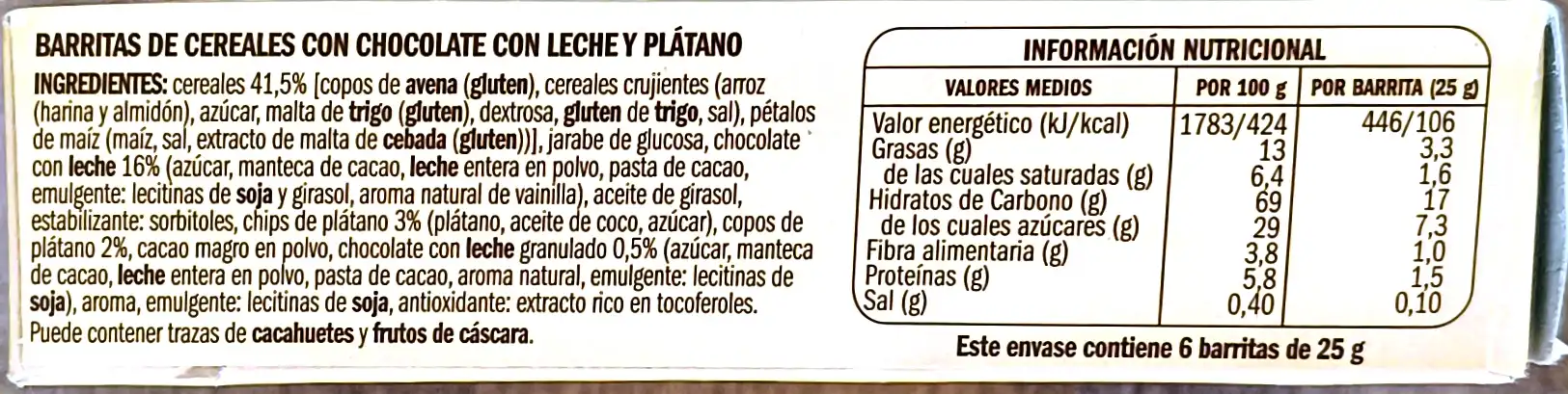 Barritas de cereales con chocolate chocolate y plátano 150g lado 2.webp