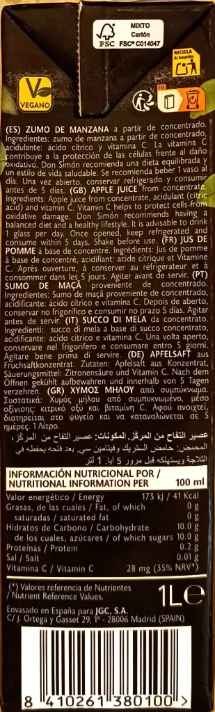 Zumo de manzana Don Simon 1L lado 2.webp