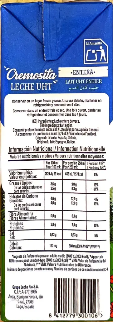 Leche entera Cremosita 1L lado 2.webp